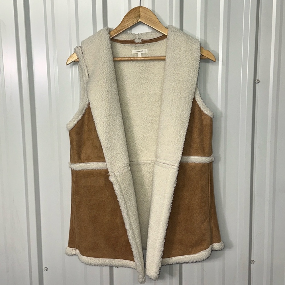 Maurice’s Brown Faux Suede Faux Sherpa Open Front Vest Women Medium Casual